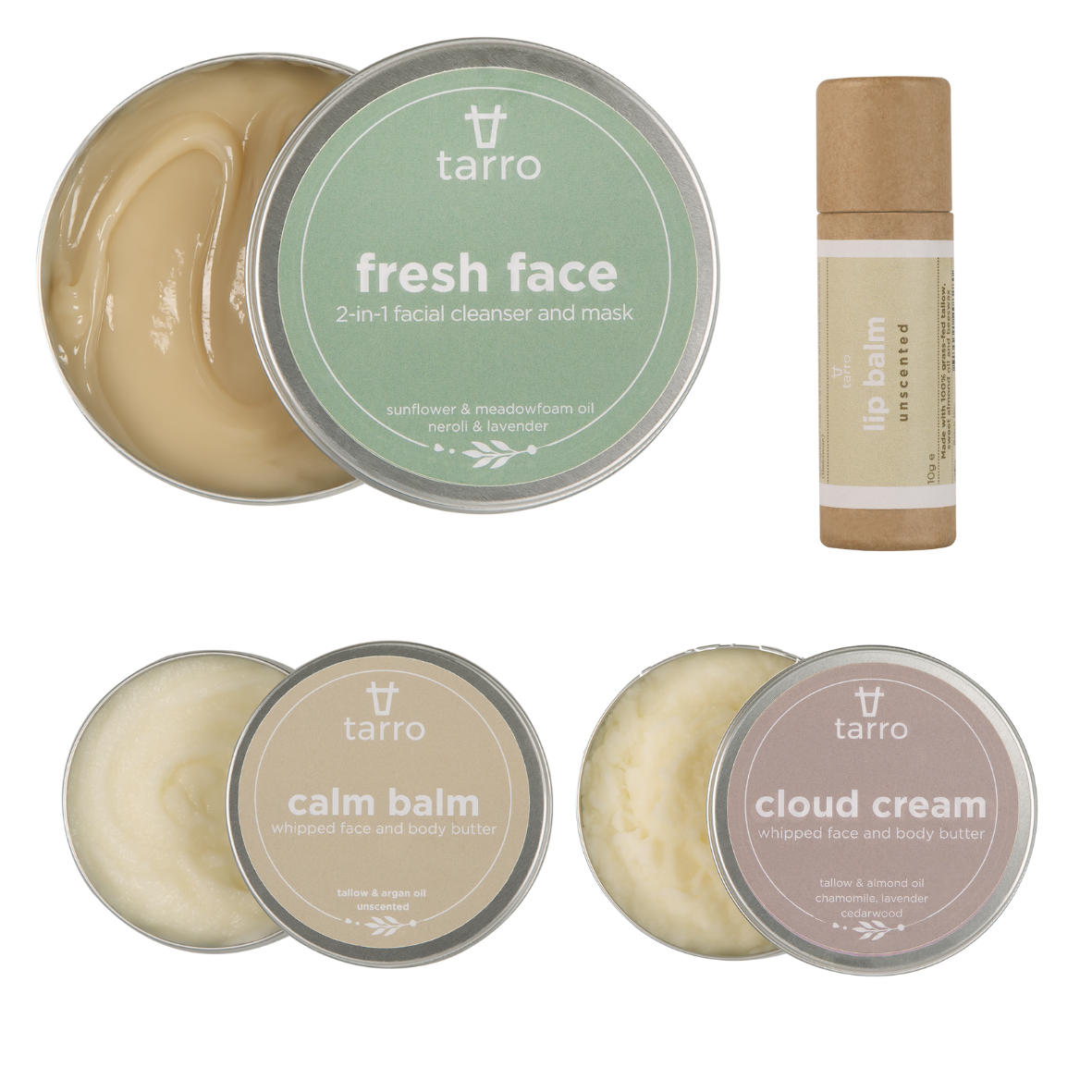 Collection of Tarro skincare products including a 2-in-1 facial cleanser and mask, lip balm, calm balm, cloud cream, and whipped face and body butter on a white background.