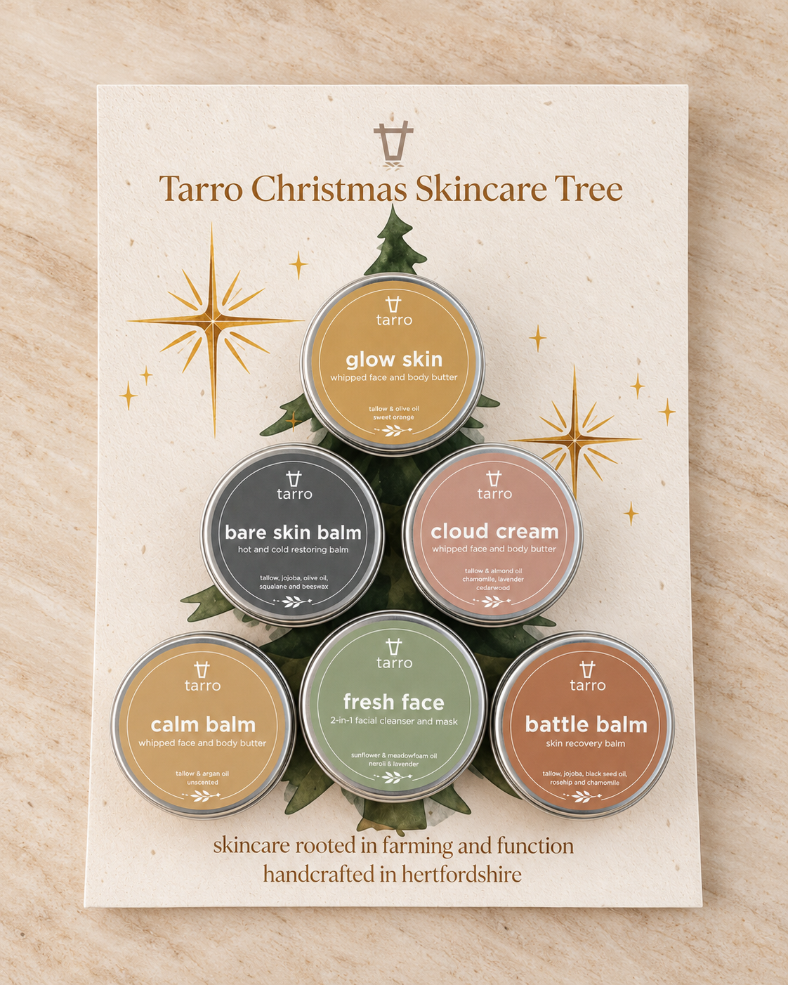 Tarro Christmas Skincare Tree gift set on a cream card, featuring six round skincare tins arranged in a tree shape with holiday star illustrations on a light wood background.