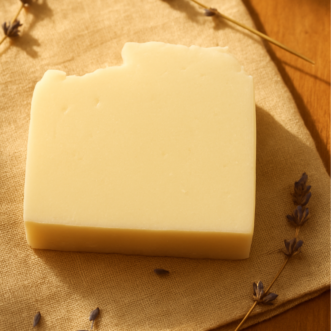 Bar of soap on a textured surface with lavender flowers