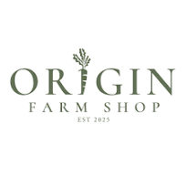 A square logo for 'ORIGIN FARM SHOP' with a stylized leaf graphic above the text, on a light gray background.